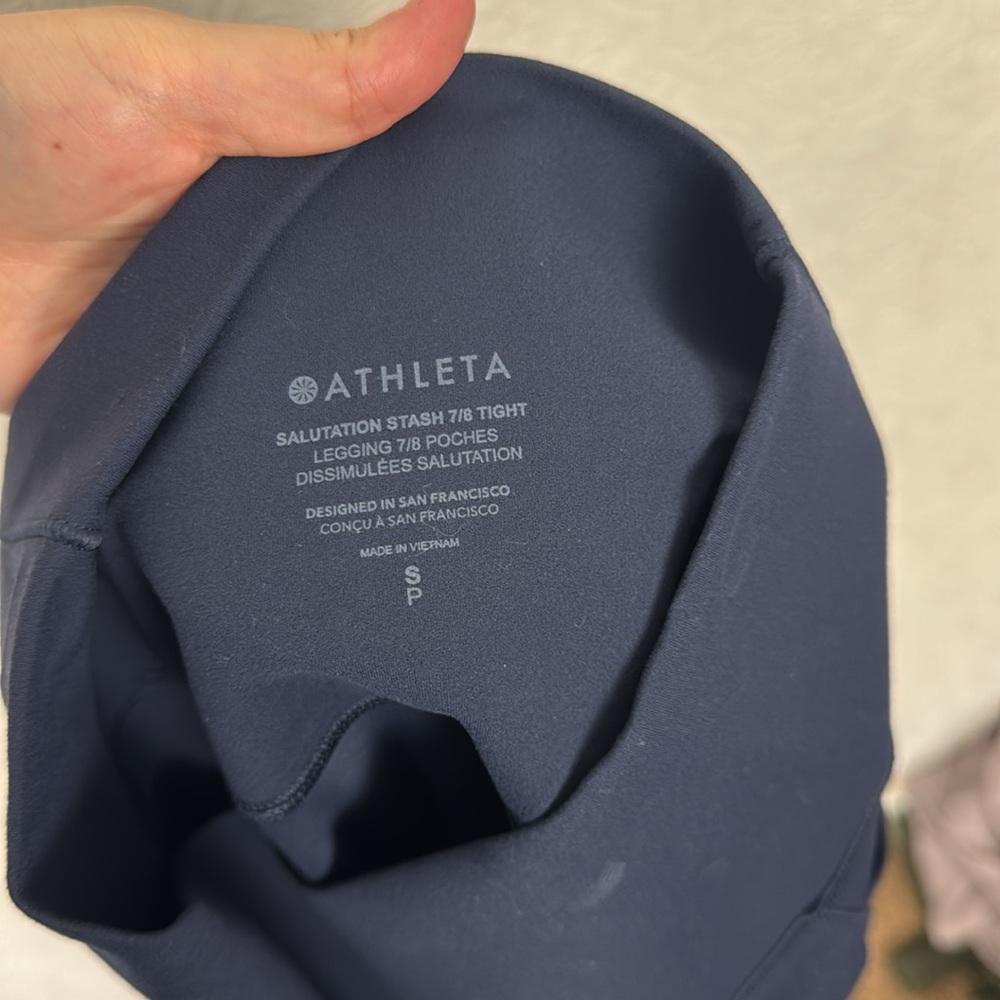 Athleta Salutations Stash 7/8 Leggings Tights Navy Blue Small High Rise - Picture 9 of 9